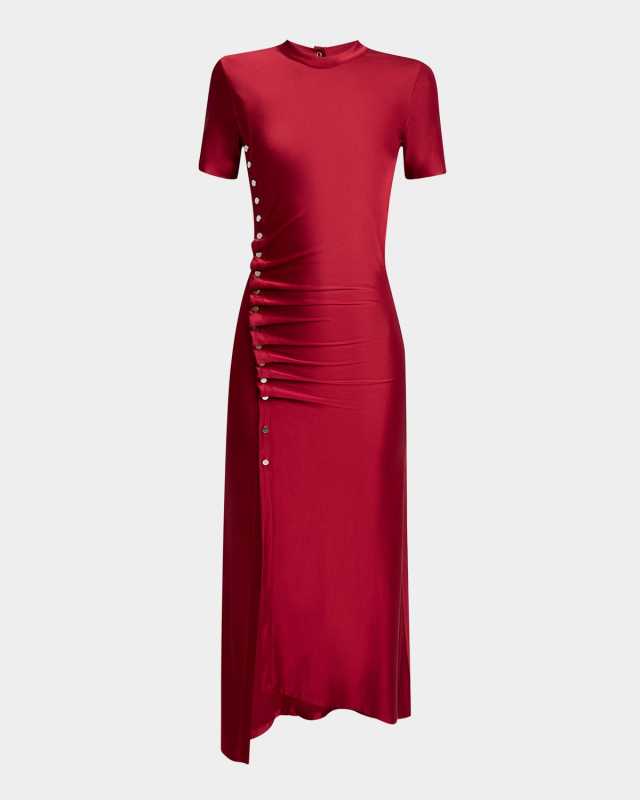 Side Button Ruched Midi Dress